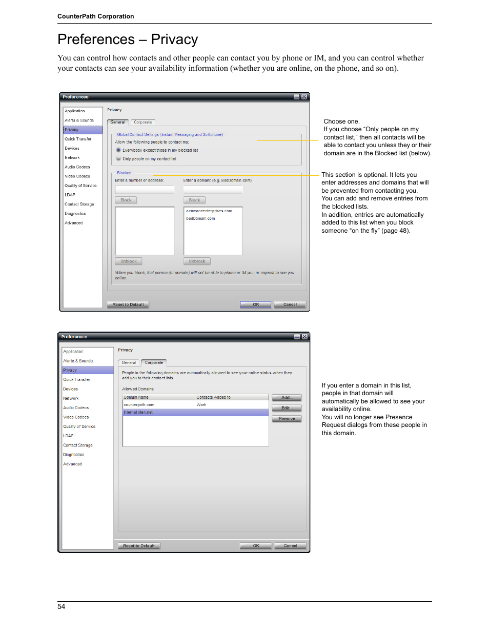 Preferences – privacy | CounterPath Bria Professional 2.5 Windows User Guide User Manual | Page 58 / 72