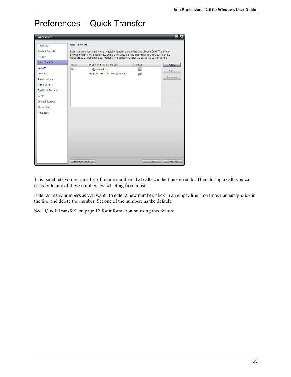 Preferences – quick transfer | CounterPath Bria Professional 2.5 Windows User Guide User Manual | Page 59 / 72