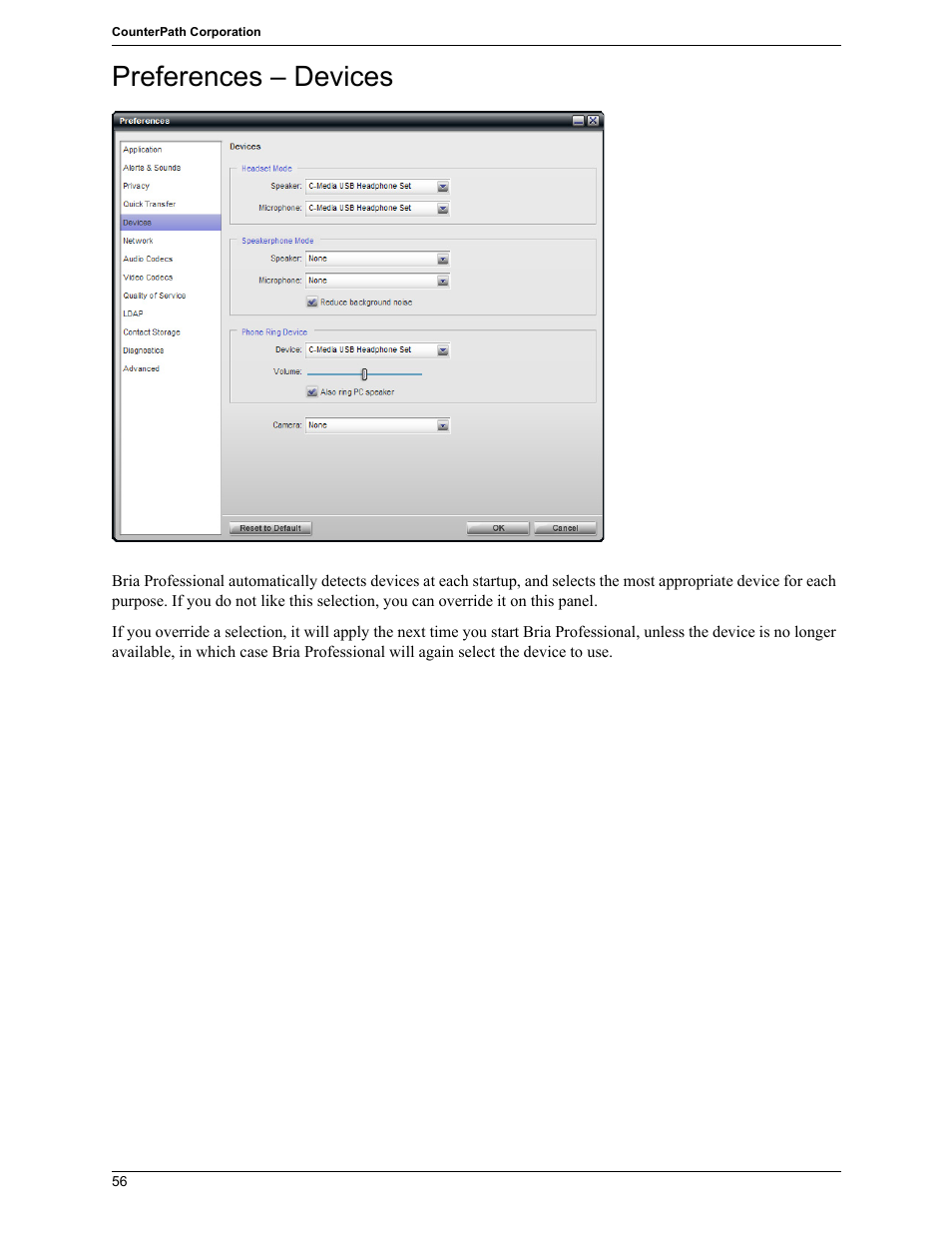 Preferences – devices | CounterPath Bria Professional 2.5 Windows User Guide User Manual | Page 60 / 72