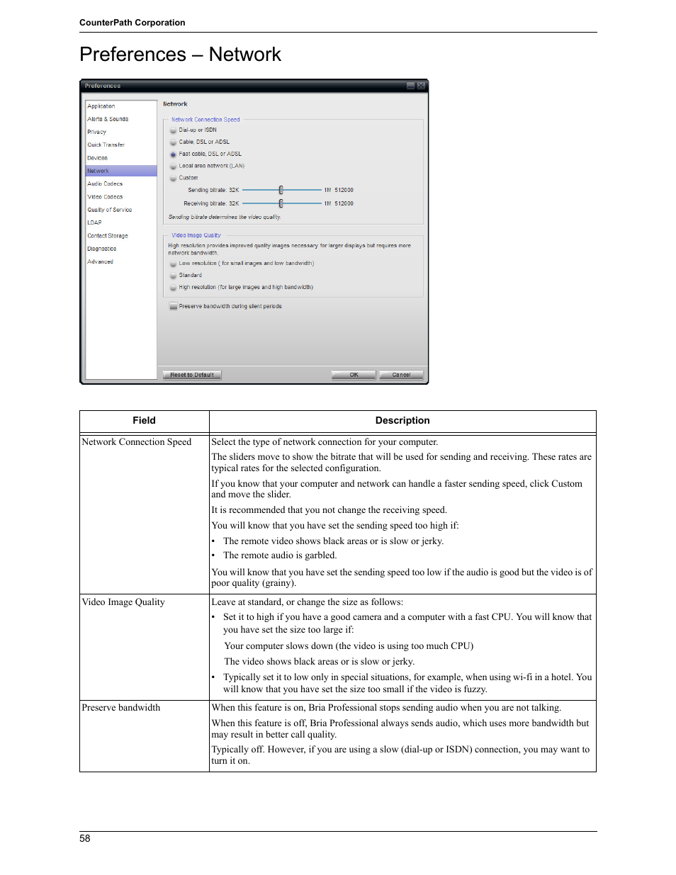 Preferences – network | CounterPath Bria Professional 2.5 Windows User Guide User Manual | Page 62 / 72