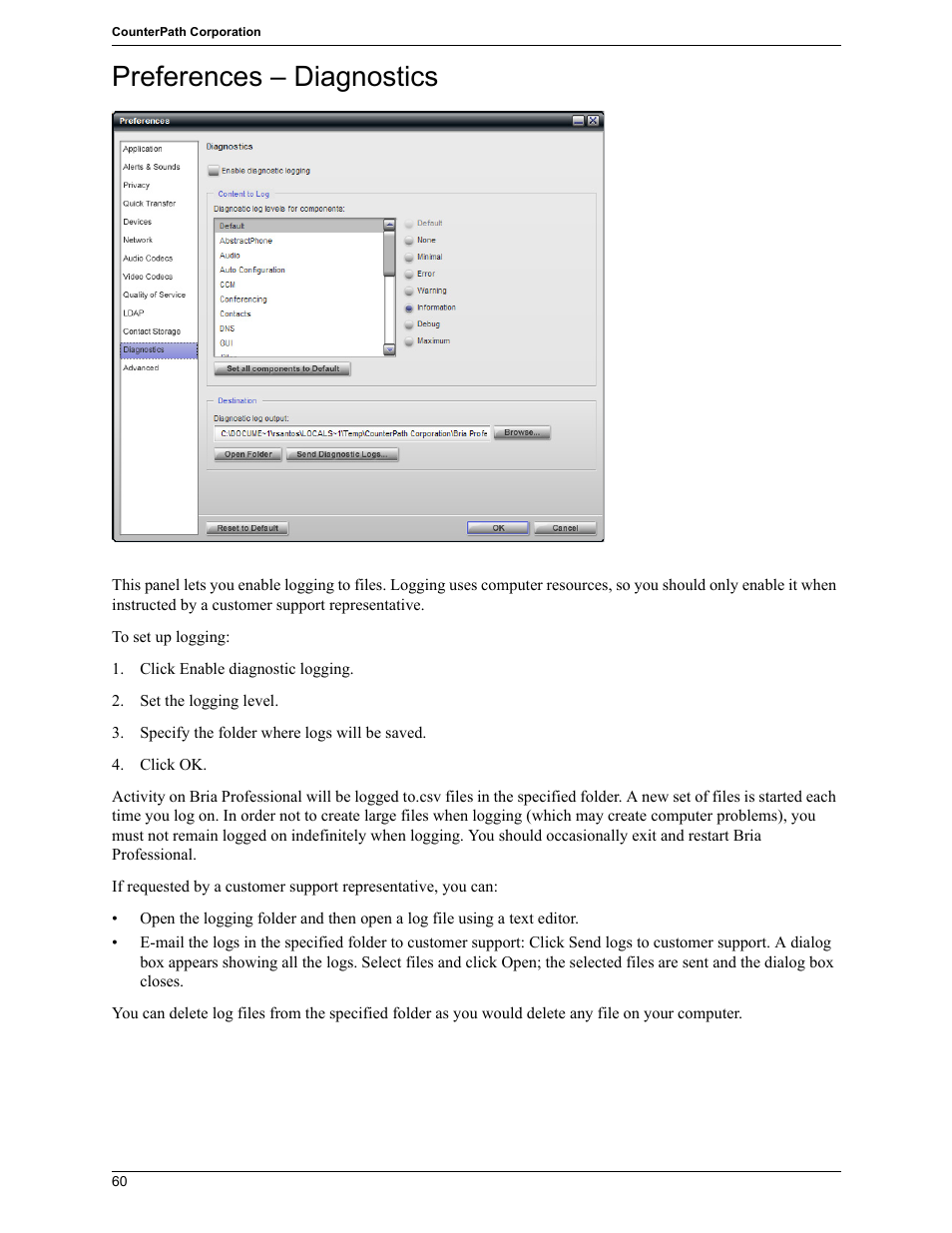 Preferences – diagnostics | CounterPath Bria Professional 2.5 Windows User Guide User Manual | Page 64 / 72