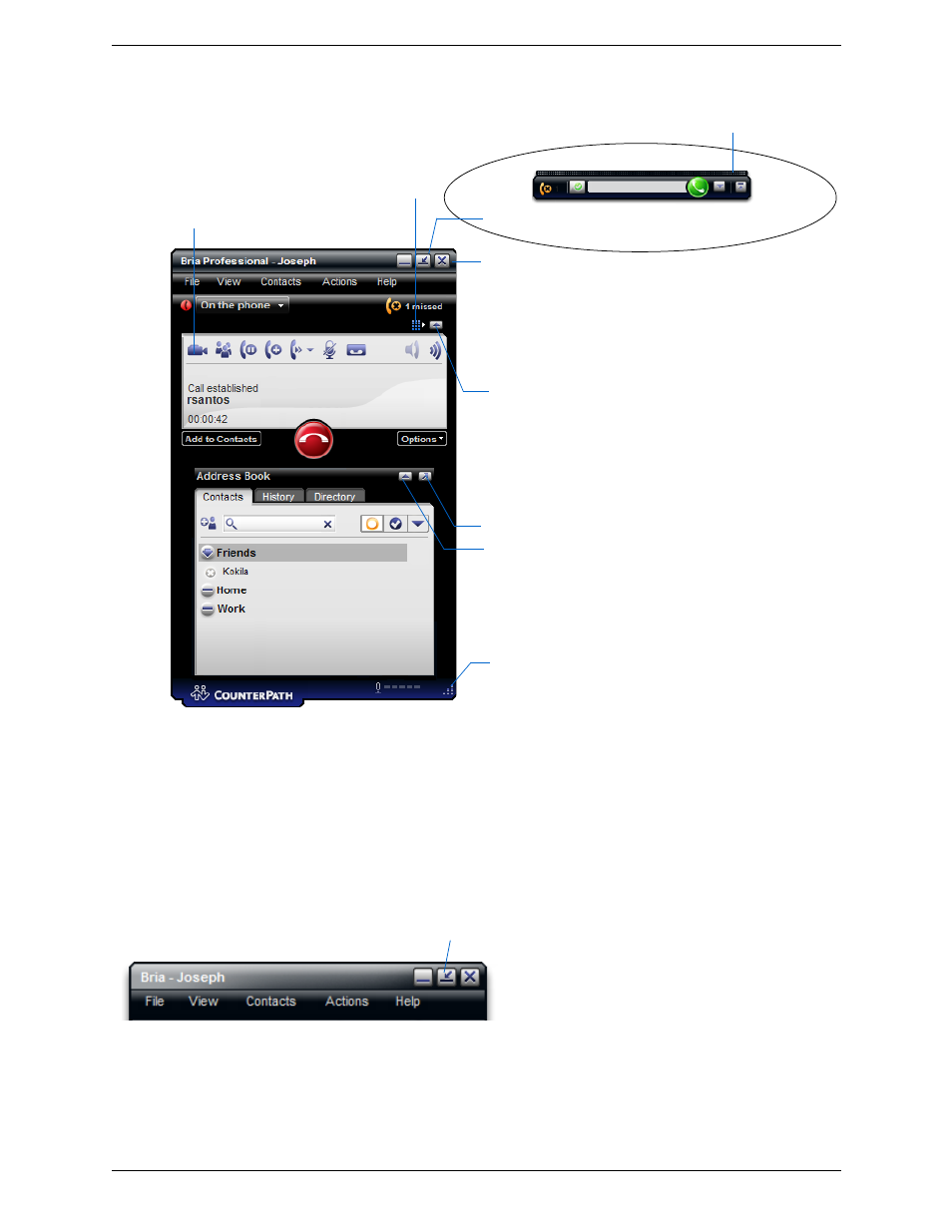 Showing and hiding parts of the softphone, The deskbar | CounterPath Bria Professional 2.4 User Guide User Manual | Page 14 / 72