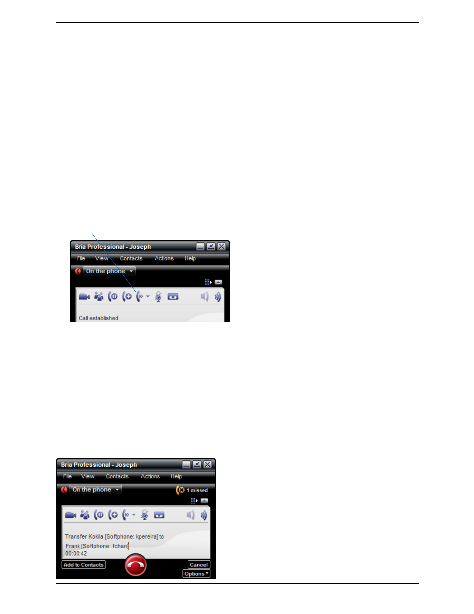7 transfering a call, Transfering a call, Quick transfer | Basic (unattended) transfer – transfer this call | CounterPath Bria Professional 2.4 User Guide User Manual | Page 22 / 72
