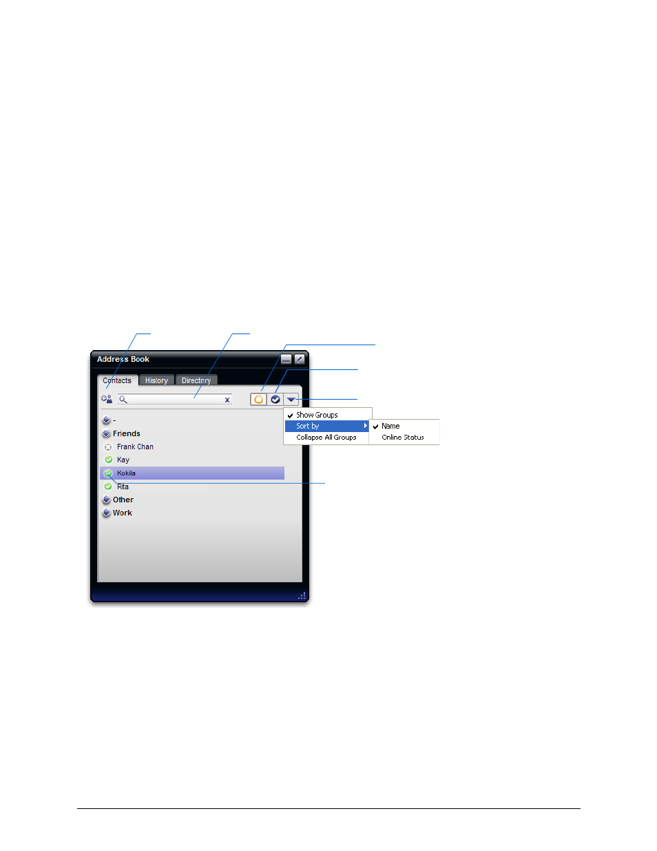 4 using the address book, 1 contacts tab, Using the address book | Contacts tab, 4using the address book | CounterPath Bria Professional 2.4 User Guide User Manual | Page 39 / 72