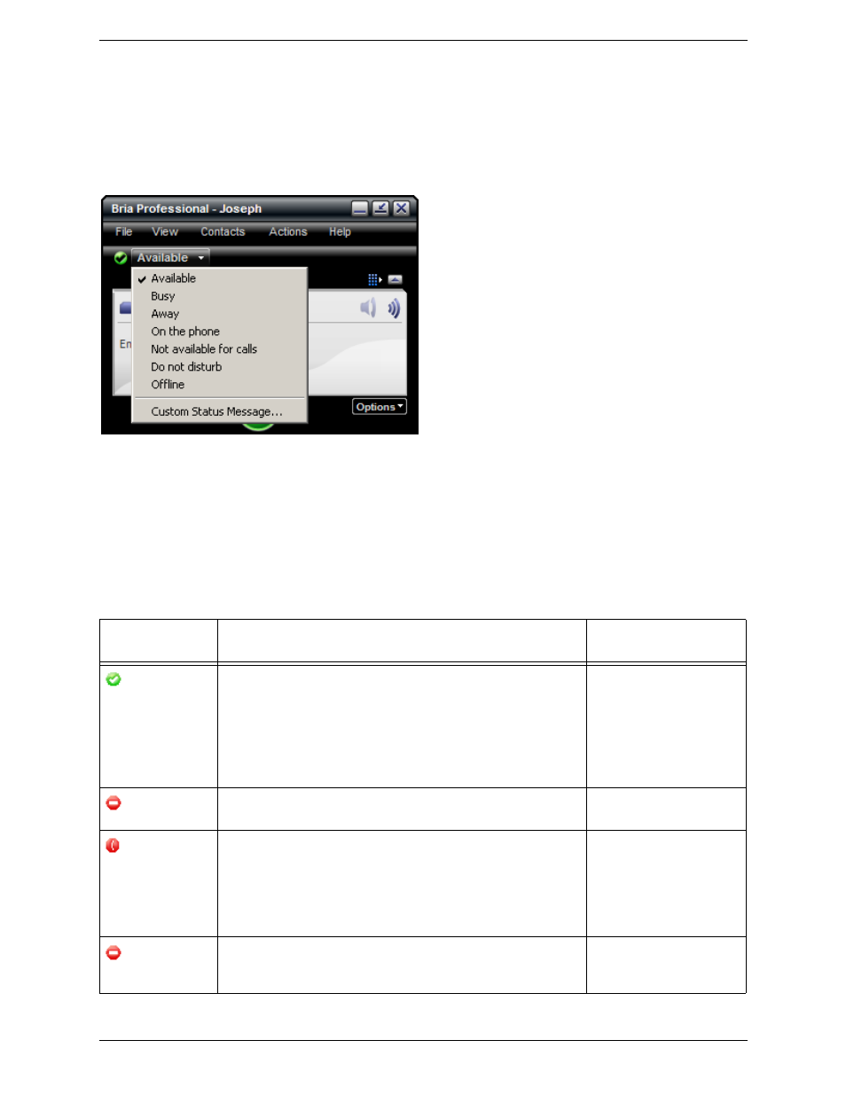 Setting your availability, Changing your availability, Setting up availability indicators | CounterPath Bria Professional 2.4 User Guide User Manual | Page 49 / 72