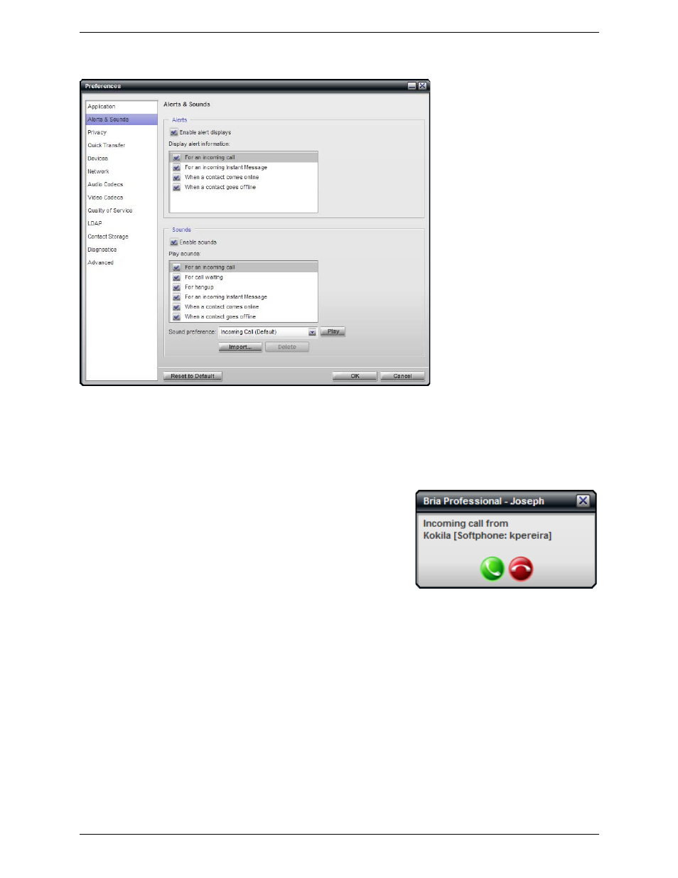 Preferences – alerts & sounds | CounterPath Bria Professional 2.4 User Guide User Manual | Page 57 / 72