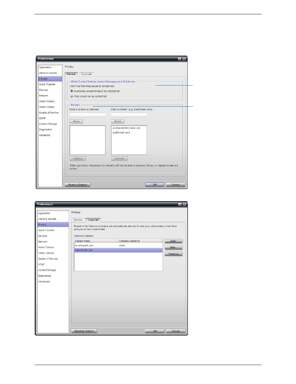 Preferences, Preferences – privacy | CounterPath Bria Professional 2.4 User Guide User Manual | Page 58 / 72