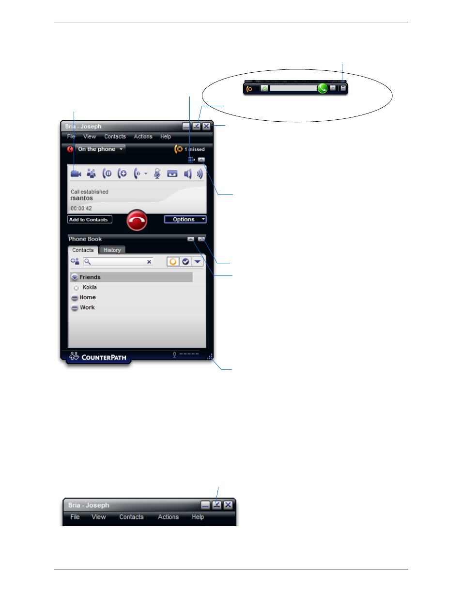 Showing and hiding parts of the softphone, The deskbar | CounterPath Bria 2.4 User Guide User Manual | Page 16 / 96