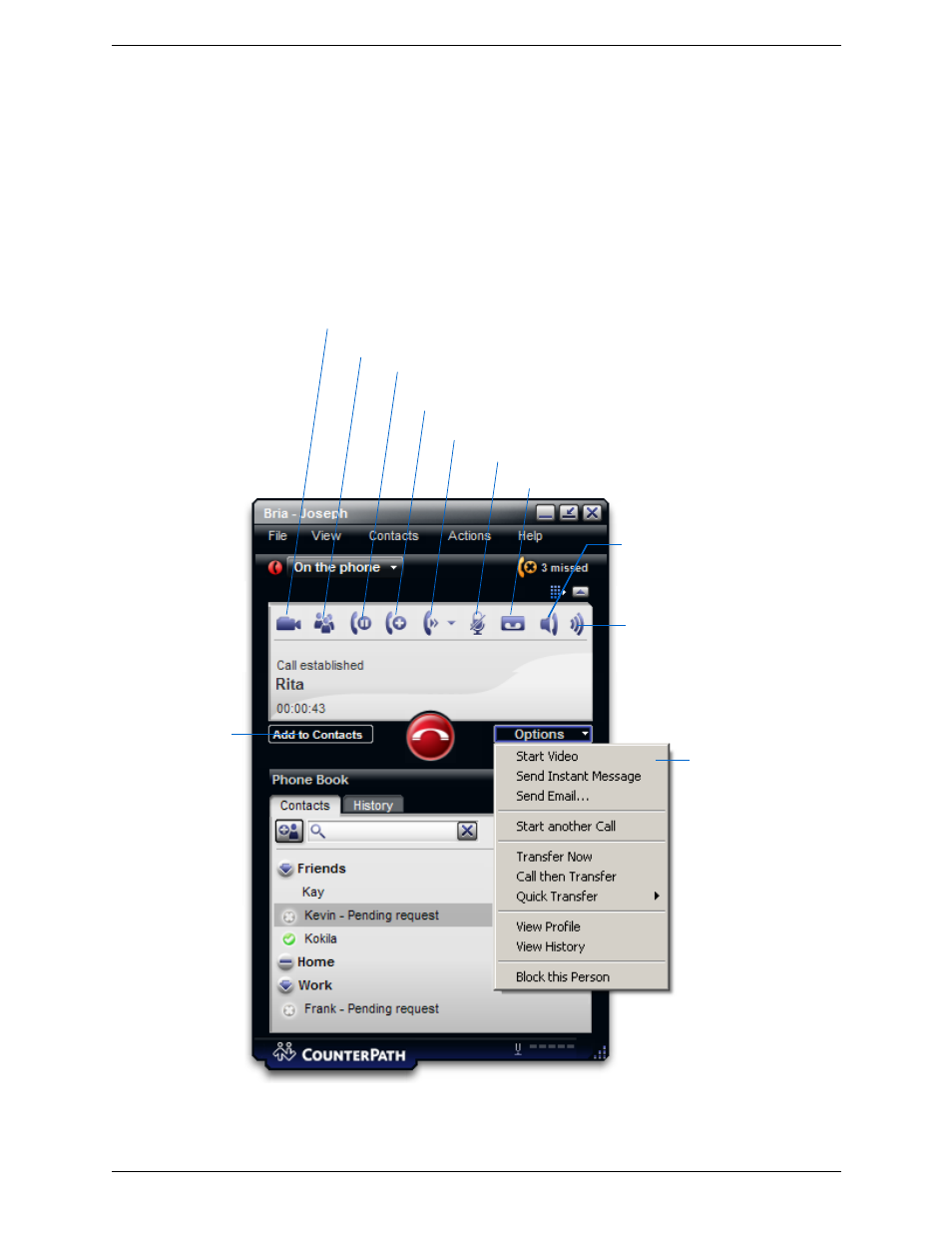 6 handling an established call, Handling an established call | CounterPath Bria 2.4 User Guide User Manual | Page 23 / 96