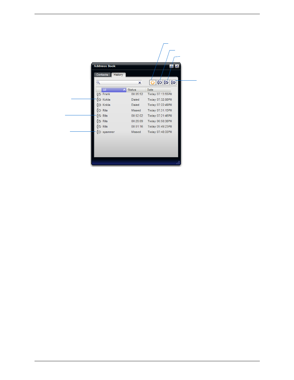 2 history tab, History tab, Managing the lists of calls | Phoning and sending im from a list | CounterPath Bria 2.4 User Guide User Manual | Page 45 / 96