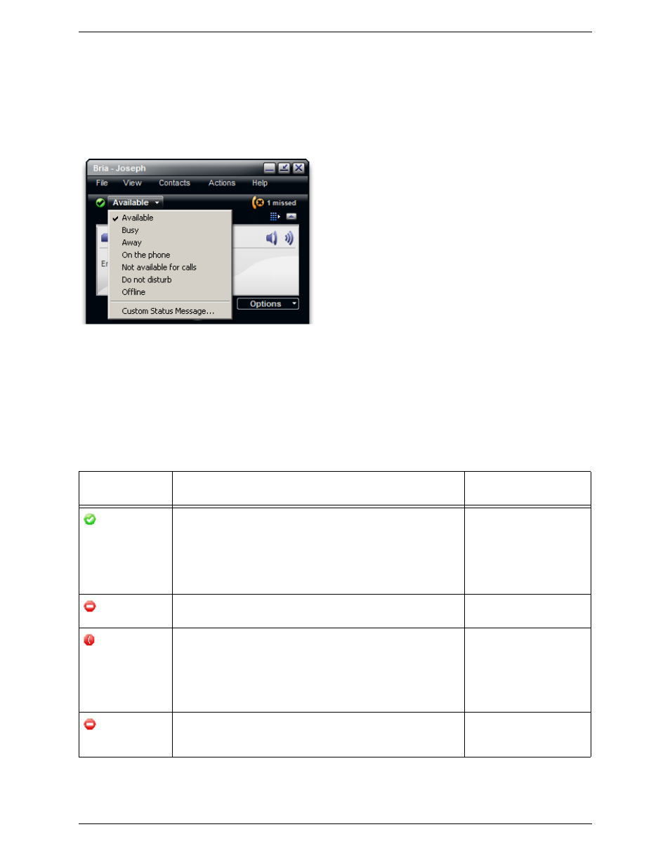 Setting your availability, Changing your availability, Setting up availability indicators | CounterPath Bria 2.4 User Guide User Manual | Page 49 / 96