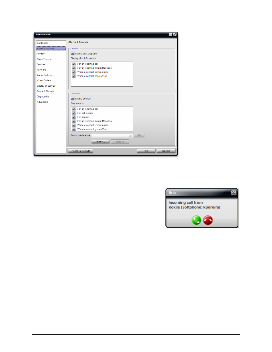 Preferences – alerts & sounds | CounterPath Bria 2.4 User Guide User Manual | Page 55 / 96