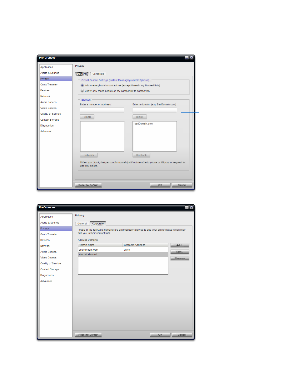 Preferences, Preferences – privacy | CounterPath Bria 2.4 User Guide User Manual | Page 56 / 96