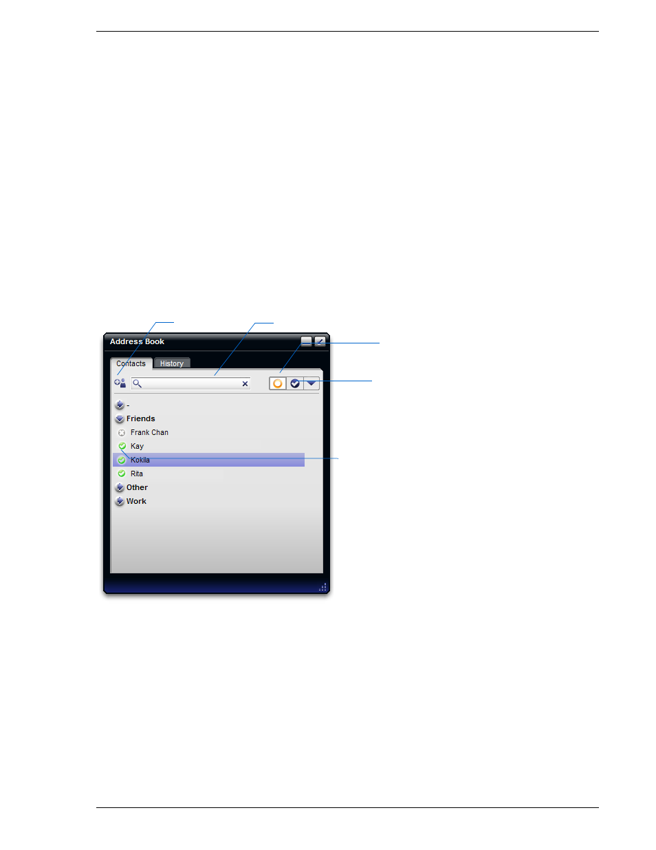 4 the address book, 1 contacts tab, The address book | Contacts tab, 4the address book | CounterPath Bria 2.3 User Guide User Manual | Page 35 / 98