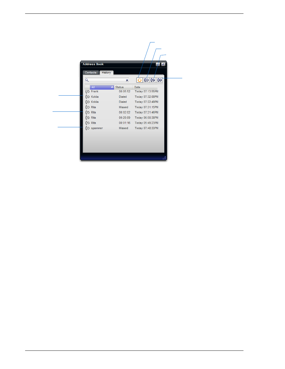 2 history tab, History tab, Managing the lists of calls | Phoning and sending im from a list | CounterPath Bria 2.3 User Guide User Manual | Page 42 / 98