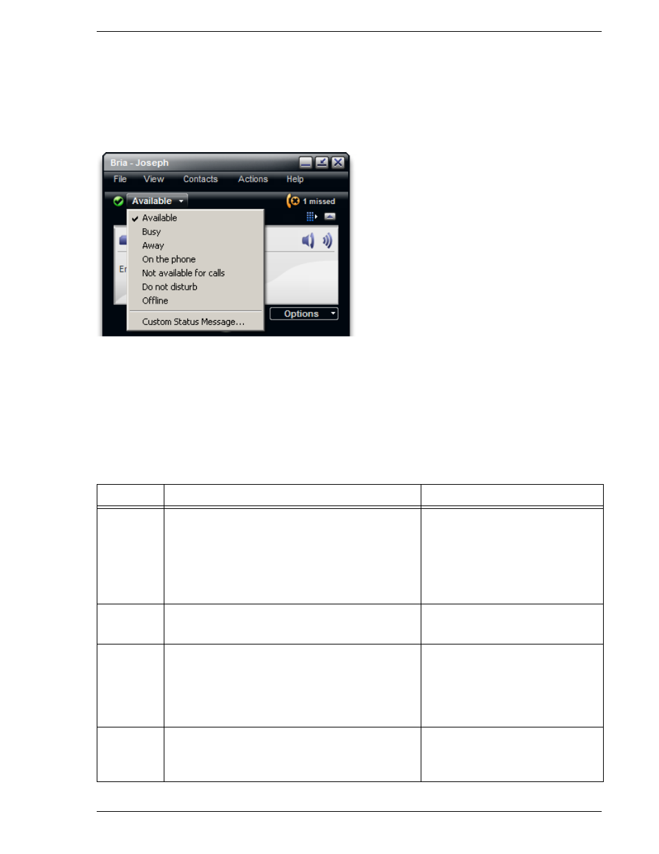Setting your availability, Changing your availability, Setting up availability indicators | CounterPath Bria 2.3 User Guide User Manual | Page 47 / 98