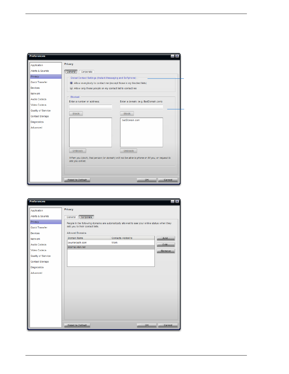 Preferences, Preferences – privacy | CounterPath Bria 2.3 User Guide User Manual | Page 54 / 98