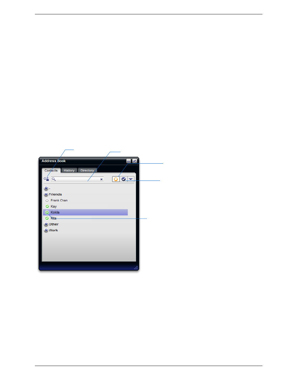 4 the address book, 1 contacts tab, The address book | Contacts tab, 4the address book | CounterPath Bria Professional 2.3 User Guide User Manual | Page 35 / 68