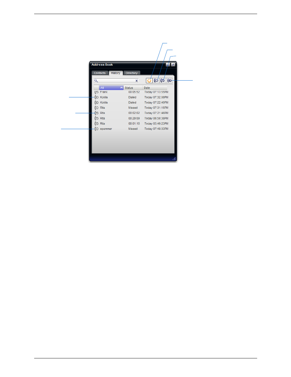 2 history tab, History tab, Managing the lists of calls | Phoning and sending im from a list | CounterPath Bria Professional 2.3 User Guide User Manual | Page 41 / 68