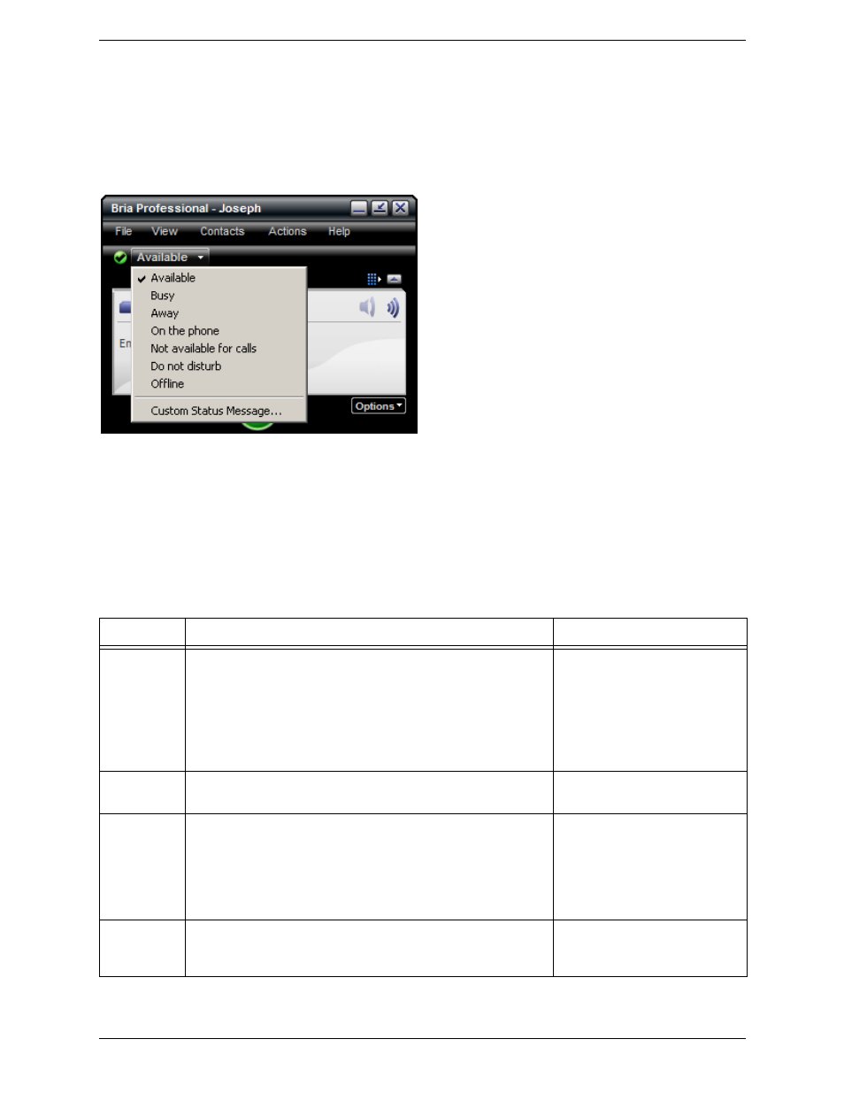 Setting your availability, Changing your availability, Setting up availability indicators | CounterPath Bria Professional 2.3 User Guide User Manual | Page 45 / 68