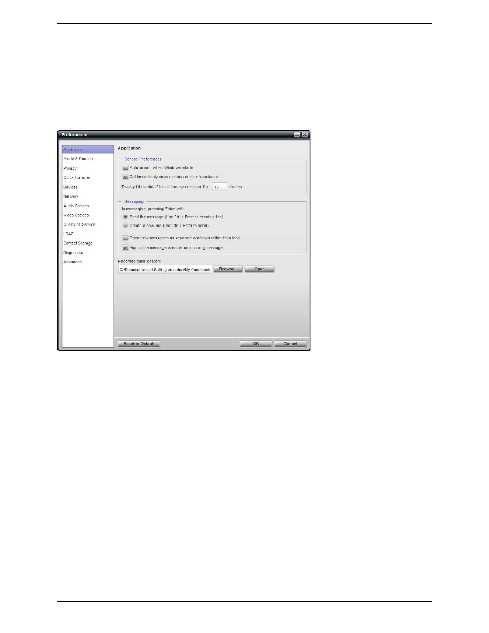 2 configuring preferences, Configuring preferences, Preferences – application | CounterPath Bria Professional 2.3 User Guide User Manual | Page 52 / 68