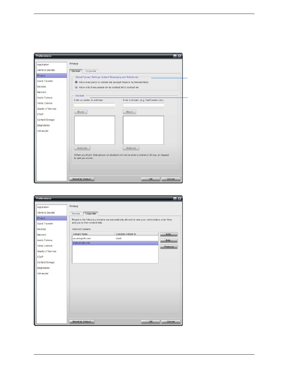 Preferences, Preferences – privacy | CounterPath Bria Professional 2.3 User Guide User Manual | Page 54 / 68