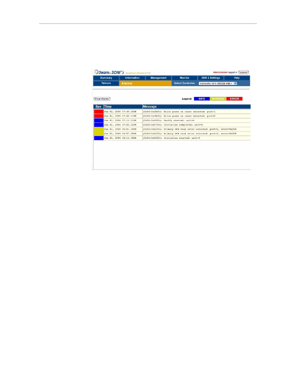 Alarms page | AMCC 3WARE 720-0138-00 User Manual | Page 114 / 170