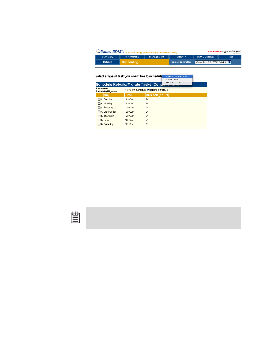 Turning on or off use of a task schedule | AMCC 3WARE 720-0138-00 User Manual | Page 86 / 170