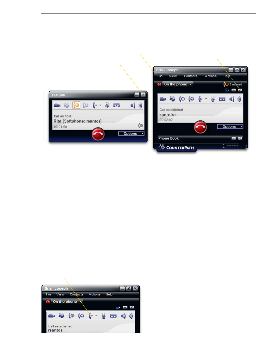 Displaying separate panels for calls, Transfering a call | CounterPath Bria 2.1 User Guide User Manual | Page 19 / 90