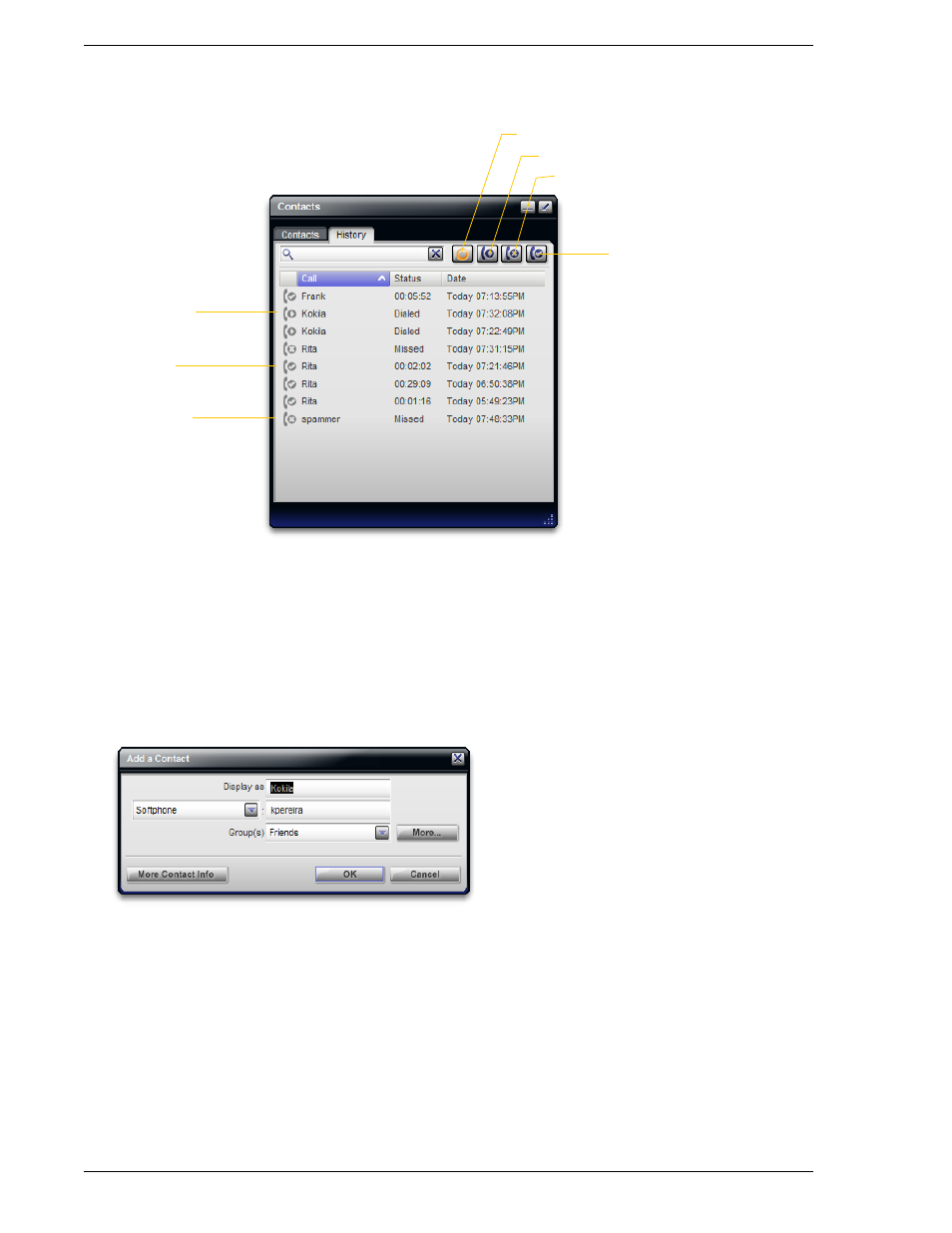 2 history tab, Managing the lists of calls | CounterPath Bria 2.1 User Guide User Manual | Page 36 / 90