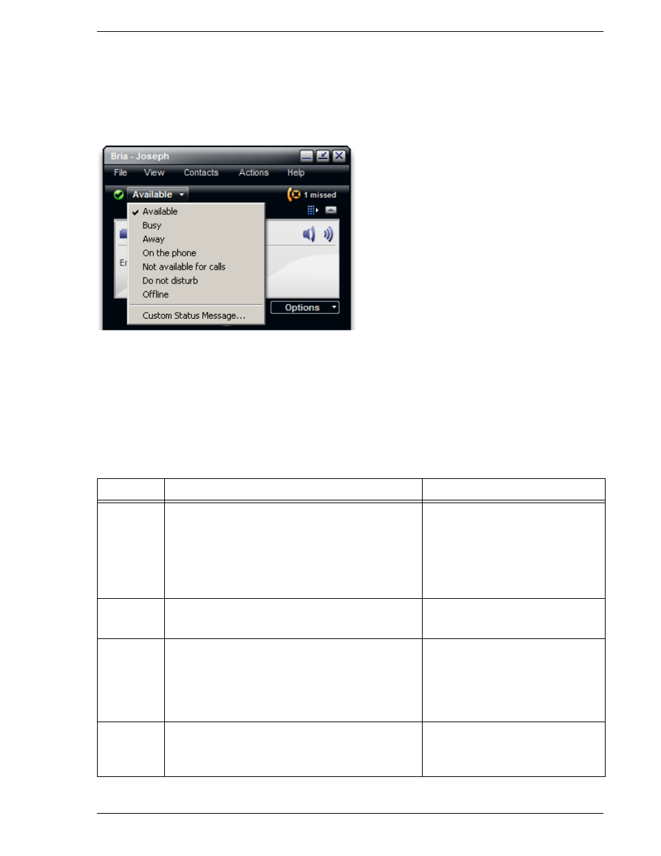 Setting your availability, Changing your availability, Setting up availability indicators | CounterPath Bria 2.1 User Guide User Manual | Page 41 / 90