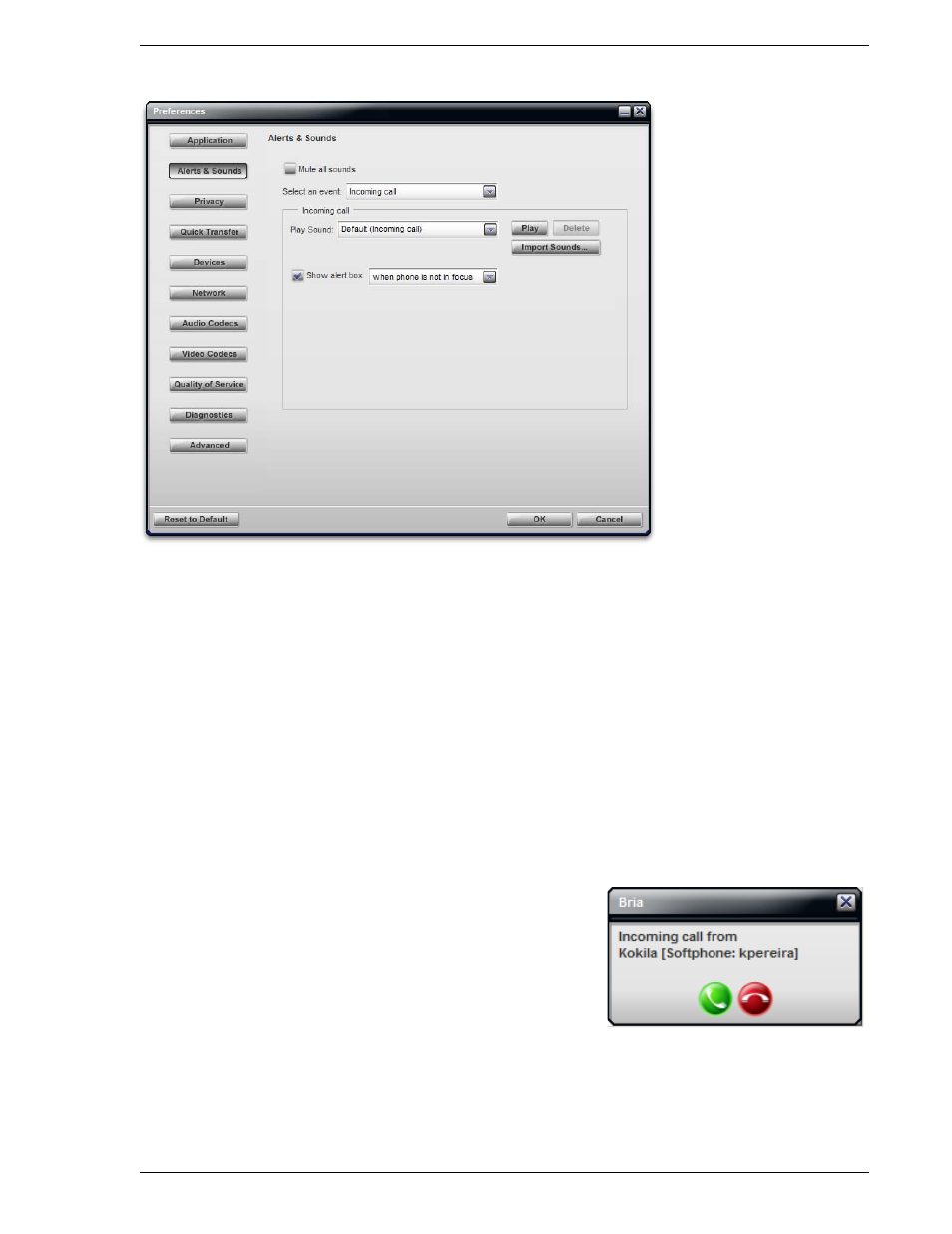Preferences – alerts & sounds | CounterPath Bria 2.1 User Guide User Manual | Page 47 / 90