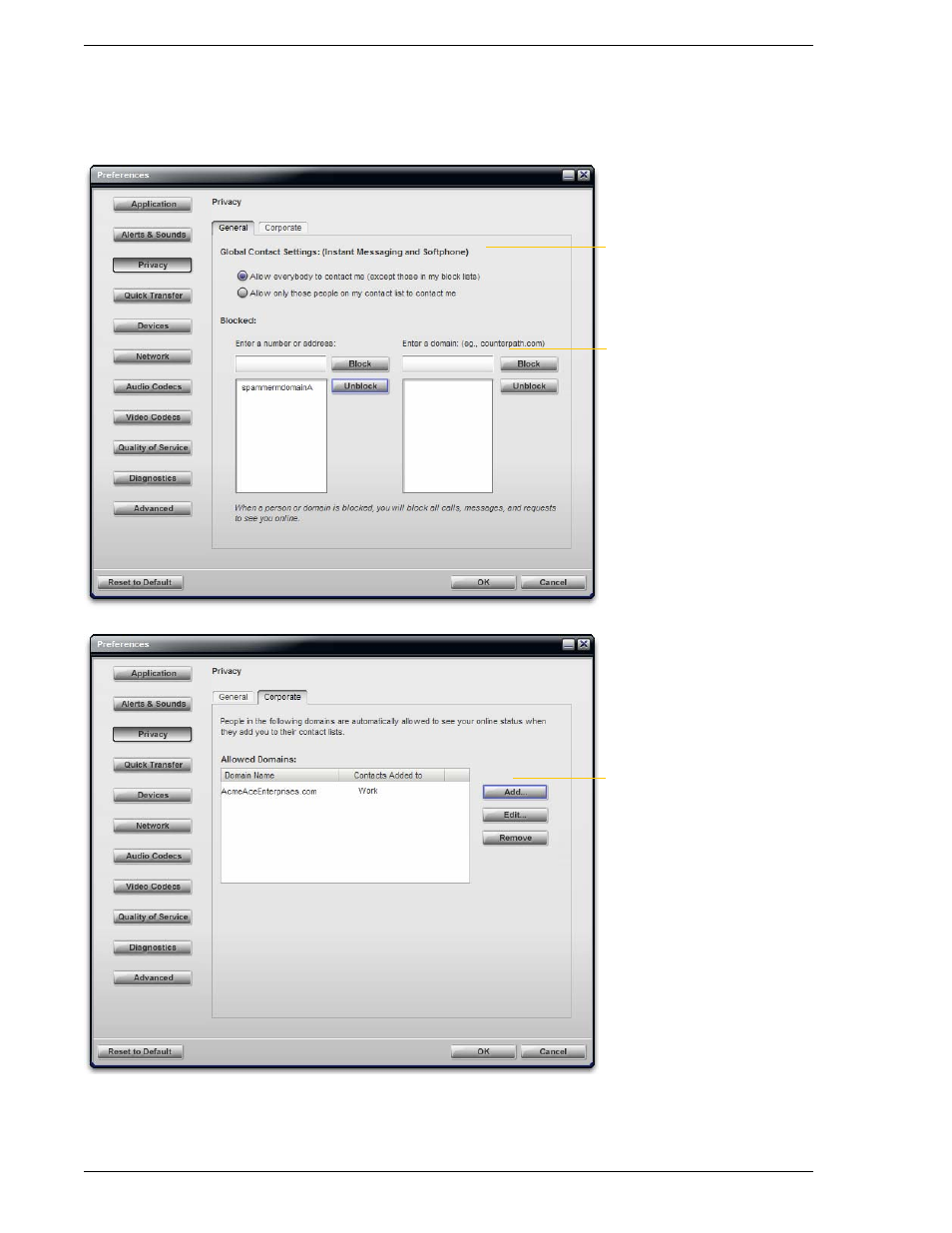 Preferences – privacy | CounterPath Bria 2.1 User Guide User Manual | Page 48 / 90