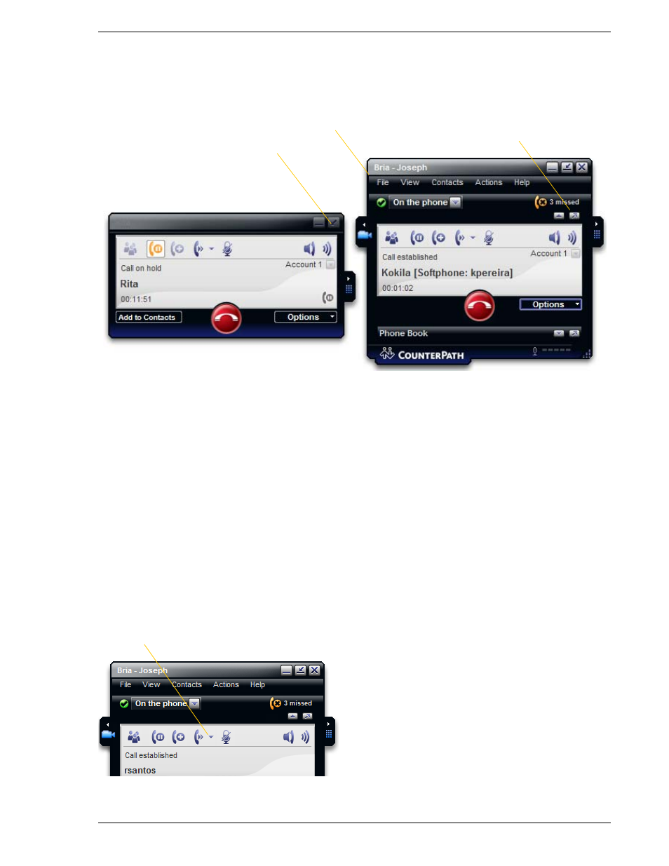Displaying separate panels for calls, Quick transfer | CounterPath Bria 2.0 User Guide User Manual | Page 19 / 88