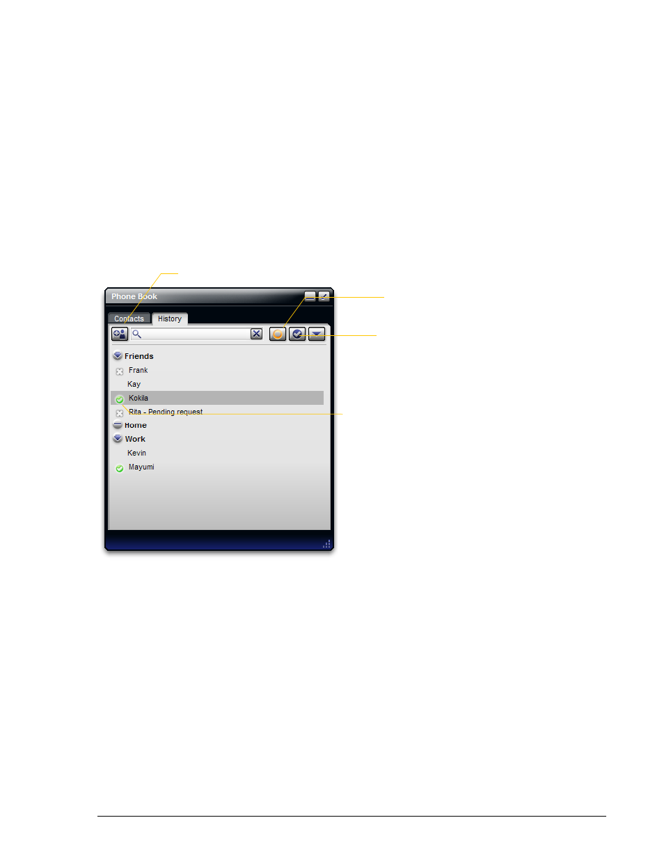 4contacts, history and availability, 1 contacts tab | CounterPath Bria 2.0 User Guide User Manual | Page 29 / 88