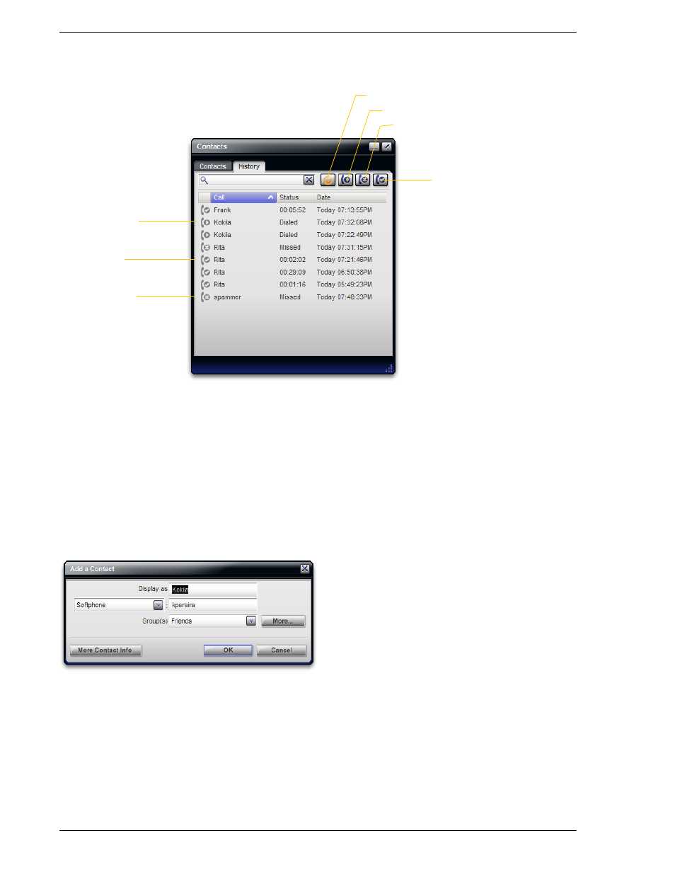 2 history tab, Managing the lists of calls | CounterPath Bria 2.0 User Guide User Manual | Page 34 / 88
