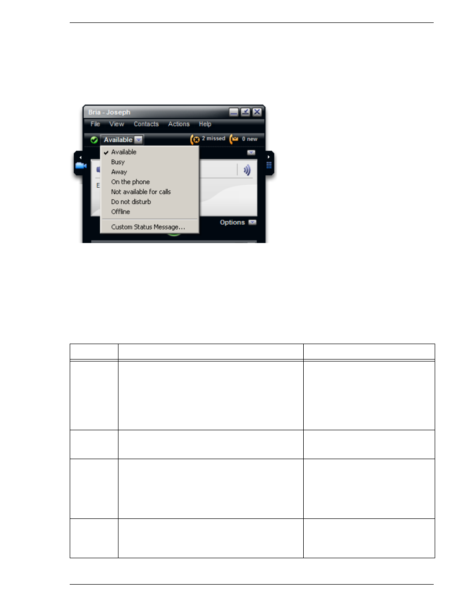 Setting your availability, Changing your availability, Setting up availability indicators | CounterPath Bria 2.0 User Guide User Manual | Page 39 / 88