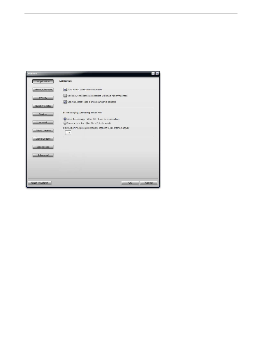 2 configuring options, Options – application | CounterPath Bria 2.0 User Guide User Manual | Page 44 / 88