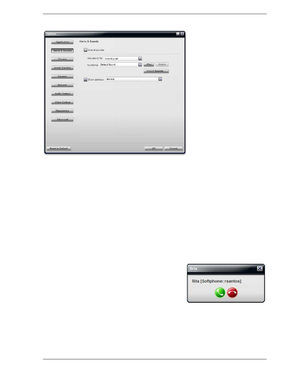 Options – alerts & sounds | CounterPath Bria 2.0 User Guide User Manual | Page 45 / 88