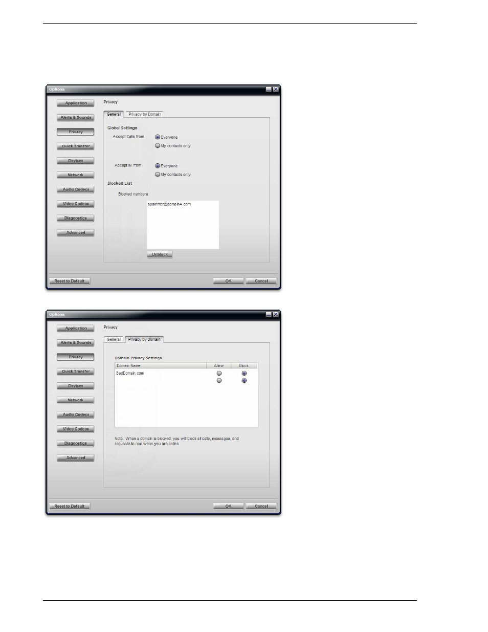 Options – privacy | CounterPath Bria 2.0 User Guide User Manual | Page 46 / 88