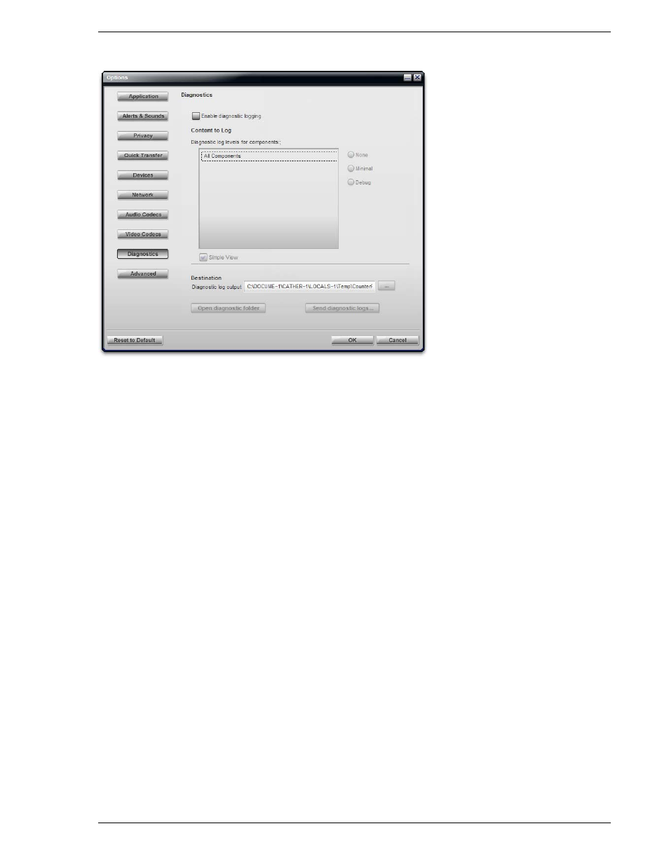 Options – diagnostics | CounterPath Bria 2.0 User Guide User Manual | Page 55 / 88