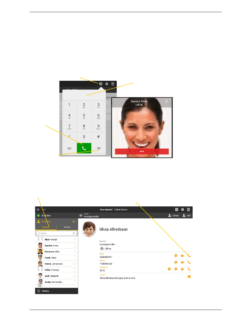 2 placing a bria call, Placing a bria call | CounterPath Bria Android Tablet Edition 3.1 User Guide User Manual | Page 18 / 74