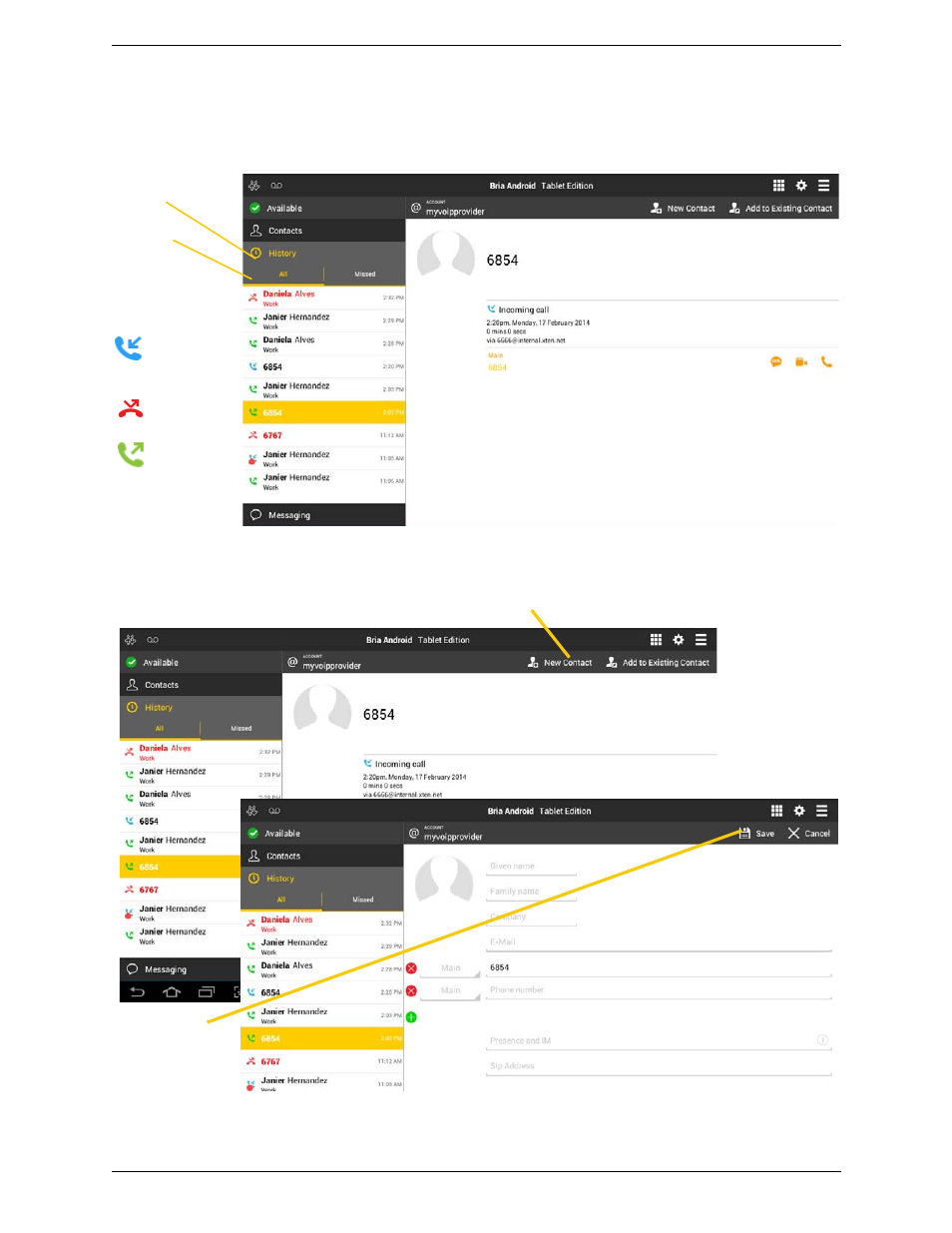 11 history, History, Adding a contact from the history | CounterPath Bria Android Tablet Edition 3.1 User Guide User Manual | Page 32 / 74