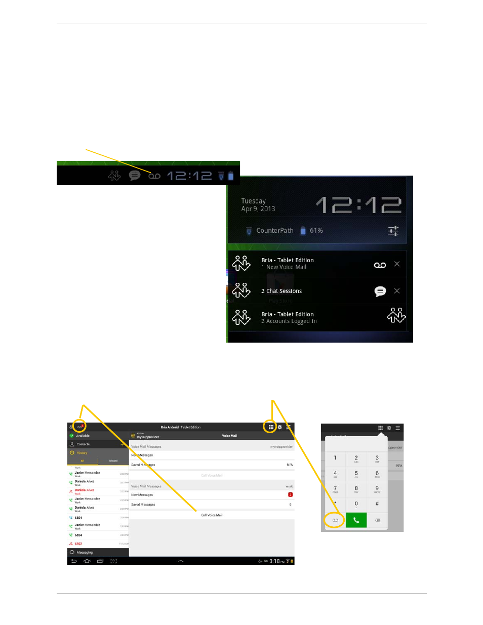 13 accessing voicemail, Accessing voicemail | CounterPath Bria Android Tablet Edition 3.1 User Guide User Manual | Page 35 / 74