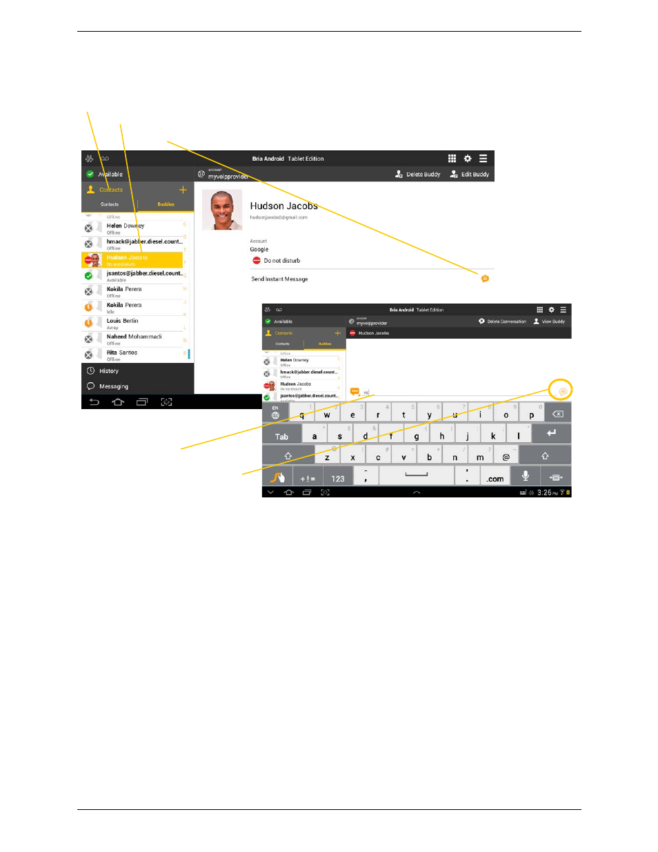 By selecting a contact | CounterPath Bria Android Tablet Edition 3.1 User Guide User Manual | Page 39 / 74