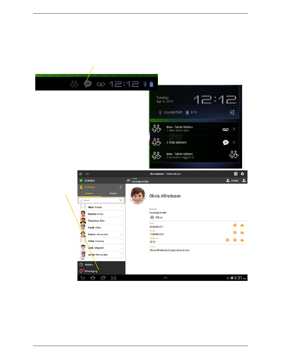 3 receiving an im and sms, Receiving an im and sms | CounterPath Bria Android Tablet Edition 3.1 User Guide User Manual | Page 42 / 74