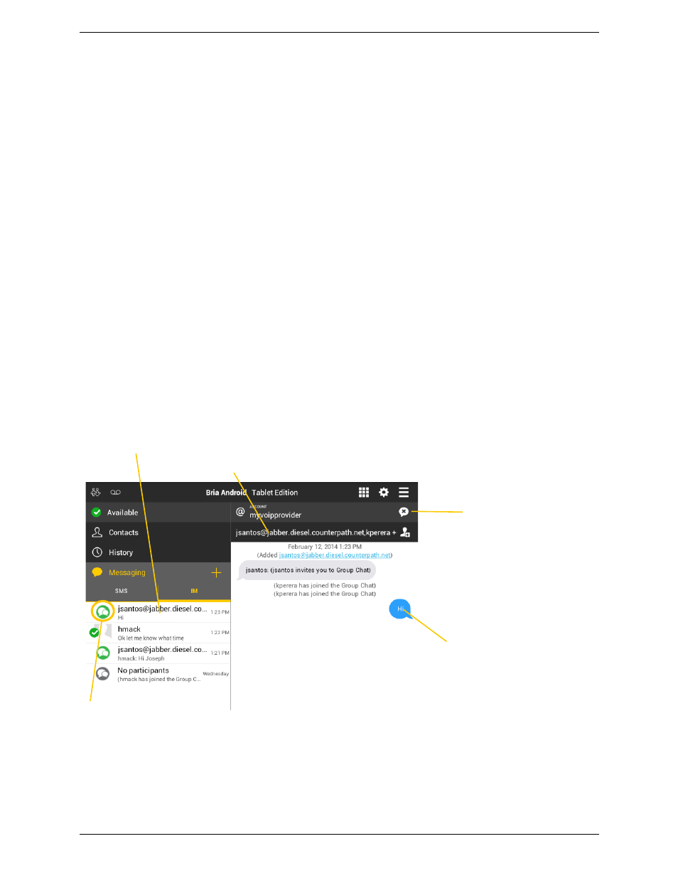 4 starting xmpp group chat, Starting xmpp group chat | CounterPath Bria Android Tablet Edition 3.1 User Guide User Manual | Page 43 / 74