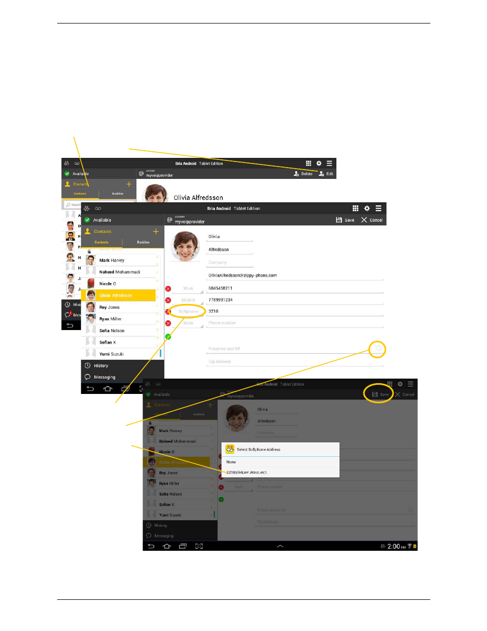 Sip accounts, Editing an existing contact to see online status | CounterPath Bria Android Tablet Edition 3.1 User Guide User Manual | Page 46 / 74