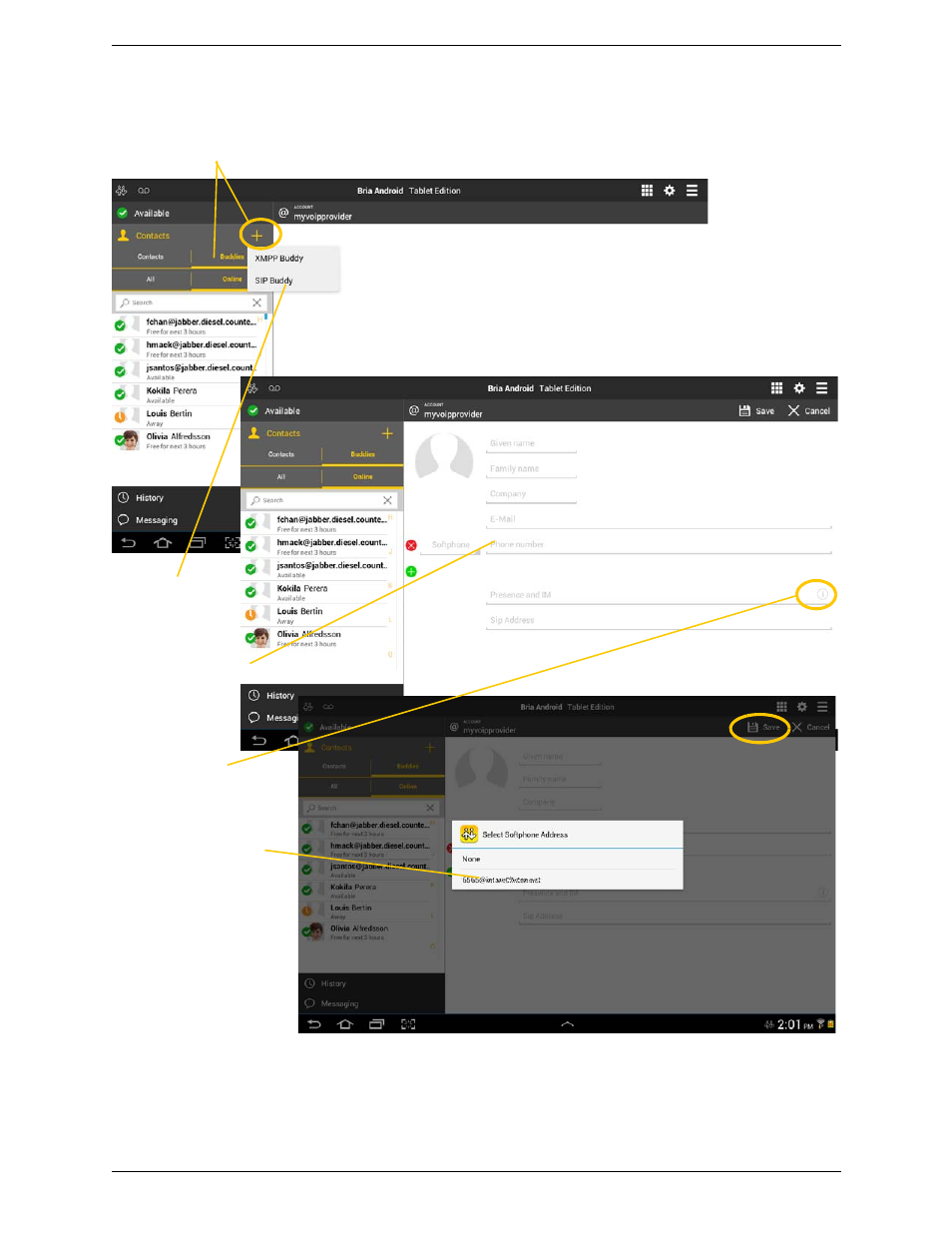 Adding a new contact as a buddy | CounterPath Bria Android Tablet Edition 3.1 User Guide User Manual | Page 47 / 74