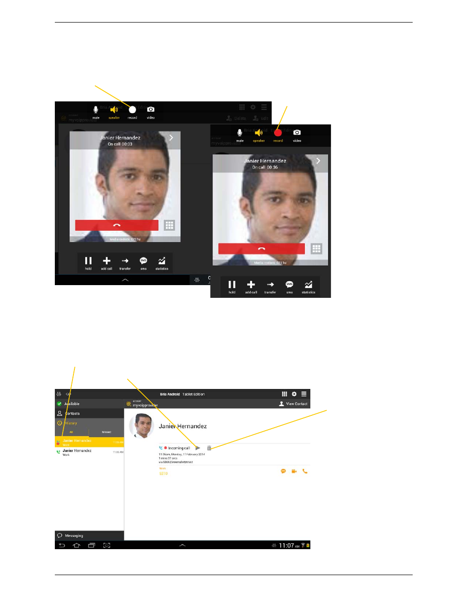 5 recording calls, Recording calls | CounterPath Bria Android Tablet Edition 3.0 User Guide User Manual | Page 23 / 70